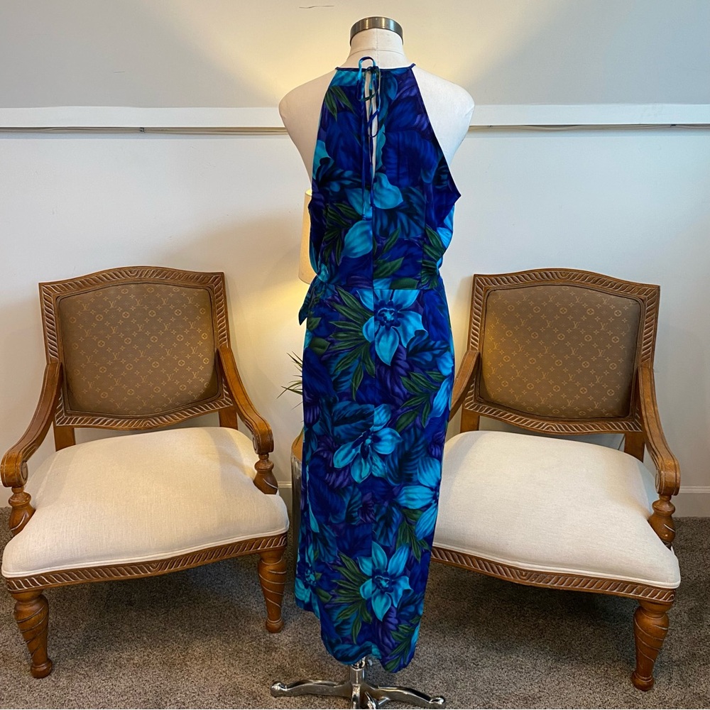 Vintage 90s Y2K Elegant Blue Floral Halter Dress with Front & Back Tie Detail - Picture 4 of 9